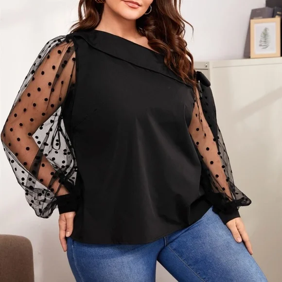 Boho Black Polka Dot Off Shoulder Top - Picture 2 of 8